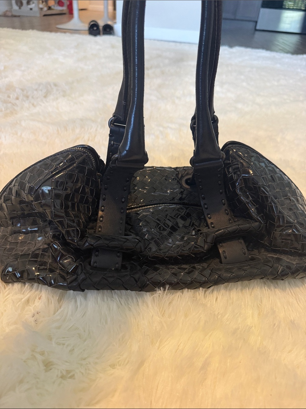 Bottega Veneta Black Woven Patent Shoulder Bag